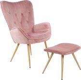 Albatros Wing Chair met Krukje York, Roze - Vintage u Stijlvol, Fluwelen Bekleding - Elegante en SGS Goedgekeurde Leesstoel of Relaxstoel met Krukje in Moderne Look