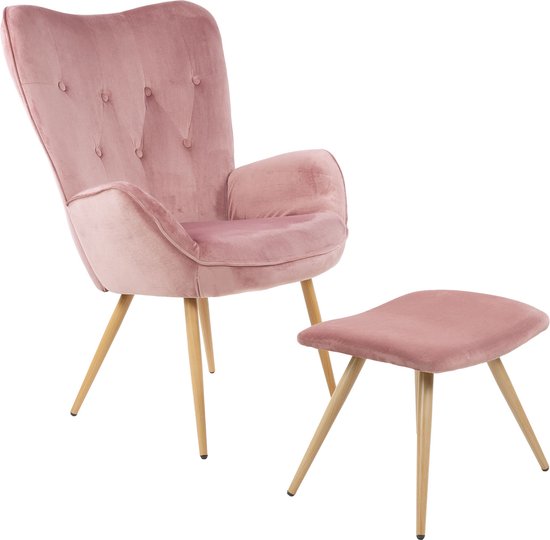 Albatros Wing Chair met Krukje York - Vintage u Stijlvol, Fluwelen Bekleding - Elegante en SGS Goedgekeurde Leesstoel of Relaxstoel met Krukje in Moderne Look