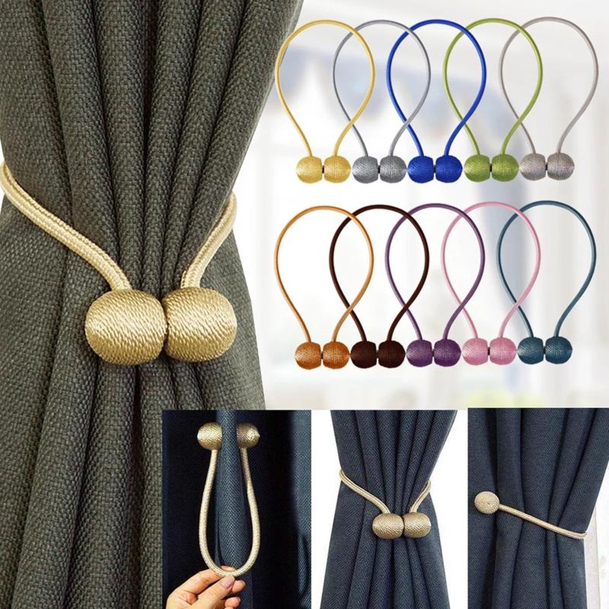 Gordijn Embrasse - Gordijnhouder - Magnetisch Gordijnkoord - Gordijnbinder – Gordijn Houder Klemmen - Gordijnklemmen – Gordijnclips - Accessoires - coffee - Set 2 stuks