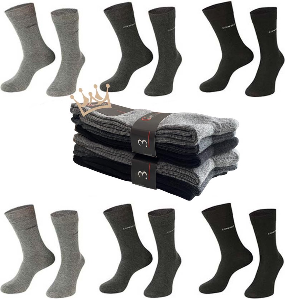 Nakkie's luxe katoenen sokken die niet knellen - 6 paar - Maat 39-42 - Ruime boord - Wijde boord - Naadloos - Grijs mix - Cadeau tip - vaderdag kado tip