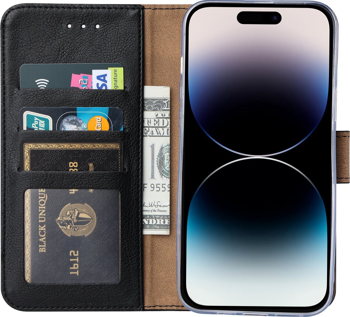 BixB bookcase iPhone 14 Pro Max hoesje met pasjeshouder Wallet case booktype - Zwart
