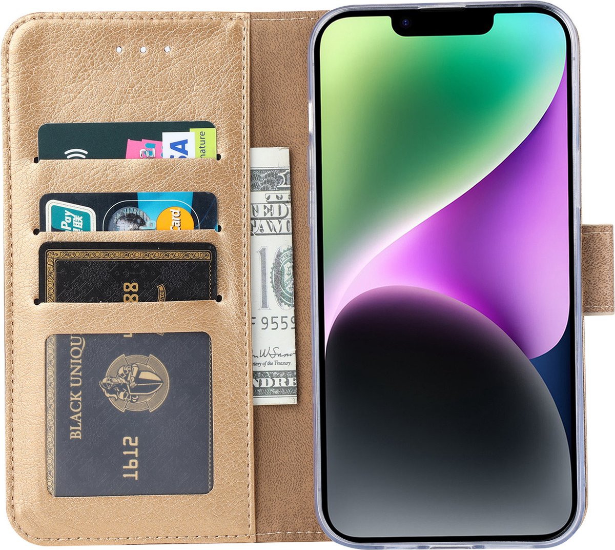 BixB bookcase iPhone 14 hoesje met pasjeshouder Wallet case booktype - Goud