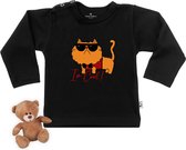 Baby t shirt met een grappige stoere kat print - Zwart - Lange mouw - Maat 74/80.
