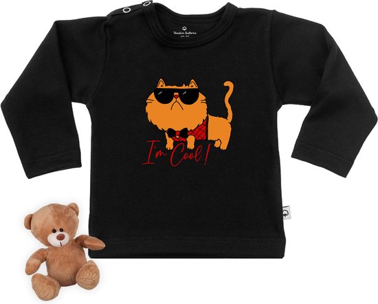 Baby t shirt met een grappige stoere kat print Zwart Lange