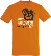 T-shirt kinderen Happy Halloween Day | Halloween kostuum kind dames heren | verkleedkleren meisje jongen | Oranje | maat 152