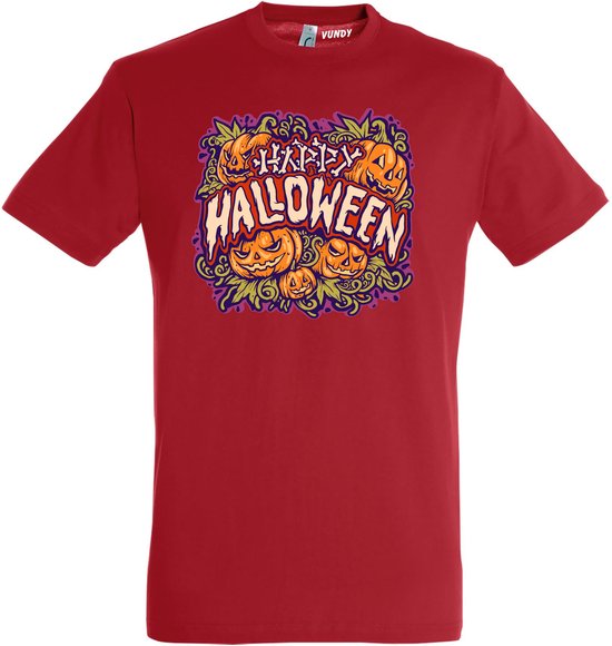 T-shirt kinderen Happy Halloween pompoen | Halloween kostuum kind dames heren | verkleedkleren meisje jongen | Rood | maat 140