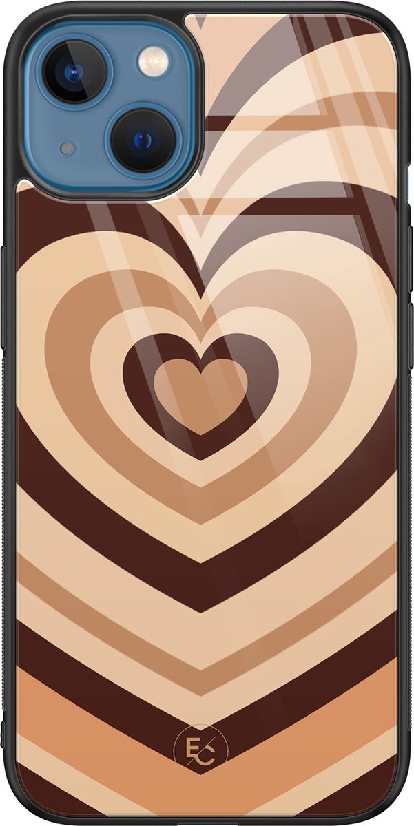 Hoesje geschikt voor iPhone 13 - Hart bruin - Luxe Hard Case - Print - Bruin - ELLECHIQ
