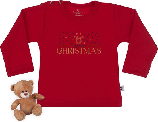 Boutons en bois - T-shirt Bébé avec texte : Mon premier Noël, mon premier Noël - Tailles 50 à 86 - Couleur du tee-shirt rouge.