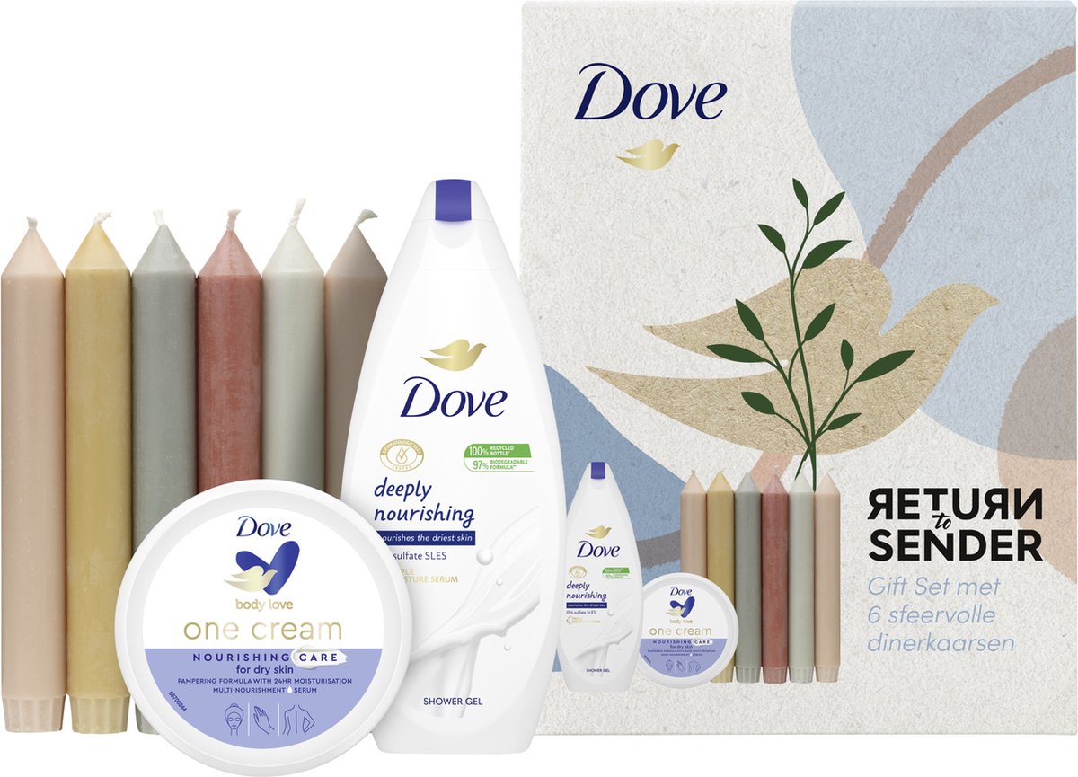 Dove geschenkset (body wash 250 ml + voedende bodycrème 250 ml + 6 dinerkaarsen)
