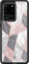 Coque en verre Samsung Galaxy S20 Ultra - Marbre grille pierre / Marbre abstrait - Rose - Hard Case Zwart - Coque téléphone Back cover - Motif géométrique - Casimoda