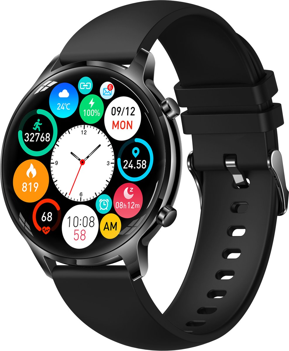 Belesy® TIRANA – Smartwatch Dames – Smartwatch Heren – Horloge – 1.32 inch Touchscreen Kleurenscherm – Stappenteller – Calorieteller – Hartslagmeter – Bloeddrukmeter – Zuurstofgehalte – Multisport – Slaap Monitor – Zwart - Moederdag