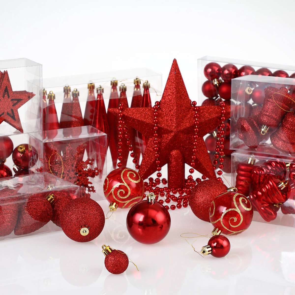 Deuba Kerstboomballen - Set van 102 Kunststof Ø3-6cm - Mat Glanzend Rood – foto 5