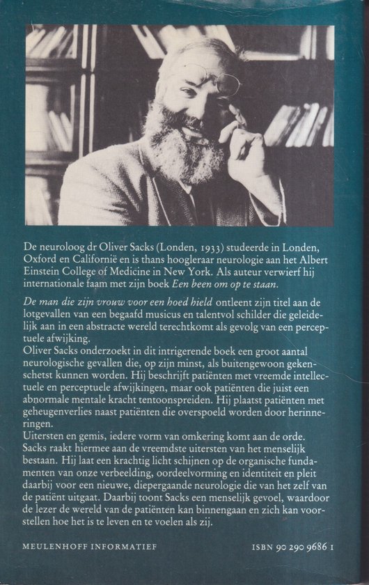 Dos du livre : portrait d'Oliver Sacks avec une barbe et des lunettes. Texte sur son travail neurologique.