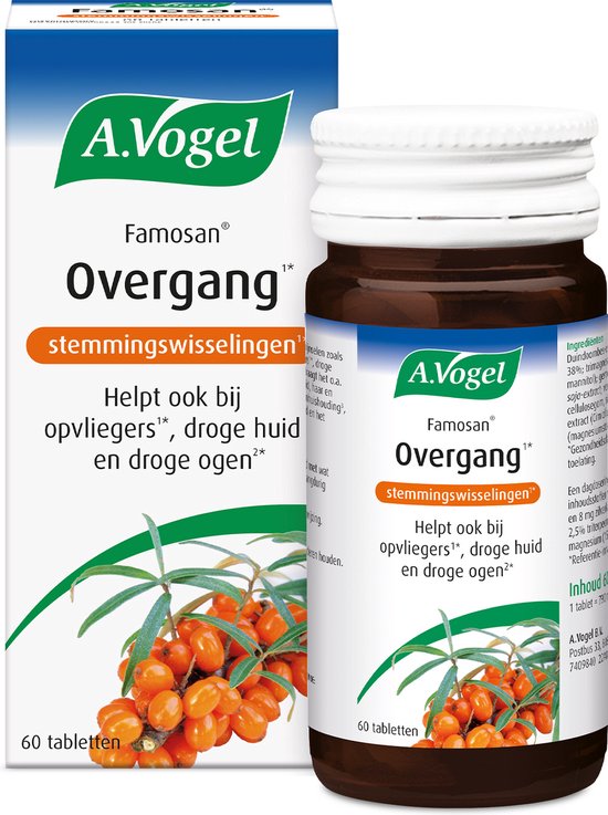 A.Vogel Famosan Overgang stemmingswisselingen tabletten - Cimicifuga helpt bij stemmingswisselingen.* Deze brede formule helpt daarnaast ook bij droge ogen, mond en vagina (duindoornbes).* - 60 st