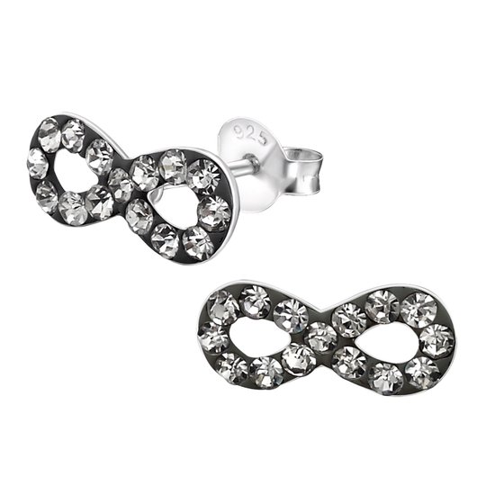 Joy|S - Zilveren infinity oorbellen - 11 x 5 mm - antraciet grijs kristal - oorknoppen