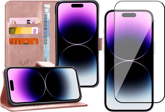 Coque pour iPhone 14 Pro Max - Étui livre en Cuir , portefeuille, porte-cartes, or rose - Protecteur d'écran en Tempered Glass trempé