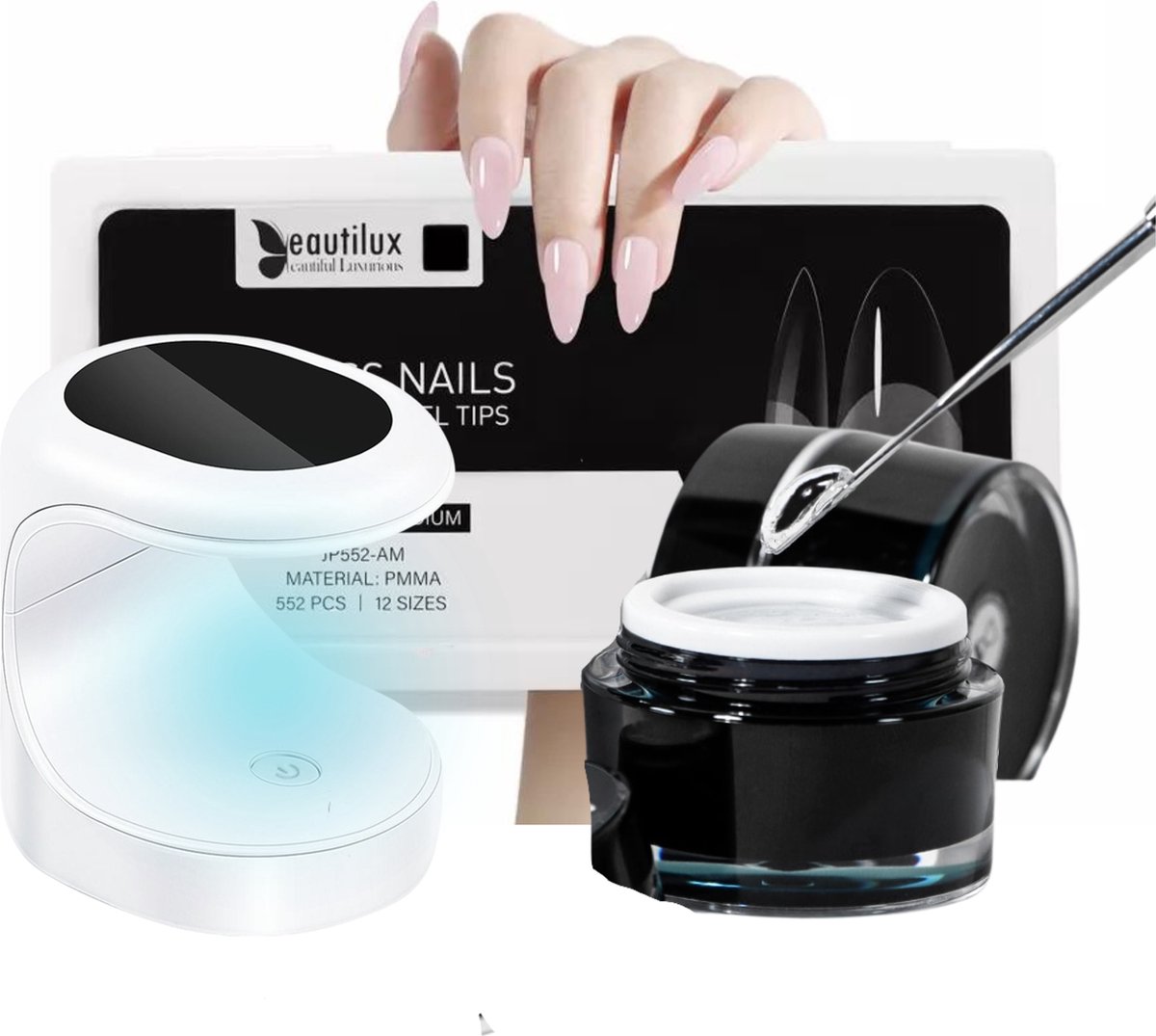 Medium Almond Gel Extension Kit met Gel Lijm + UV lamp 520 Stuks