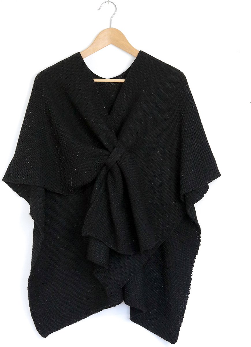 Gebreide cape zwart - zilver glittertje - gebreide poncho - dames - zwarte sjaal met lus - one size - STUDIO Ivana