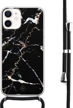 Casimoda® hoesje met koord - Geschikt voor iPhone 12 Mini - Marmer Zwart - Afneembaar koord - Siliconen/TPU - Zwart