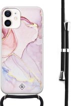 Casimoda® hoesje met koord - Geschikt voor iPhone 12 Mini - Marmer roze paars - Afneembaar koord - Siliconen/TPU - Paars