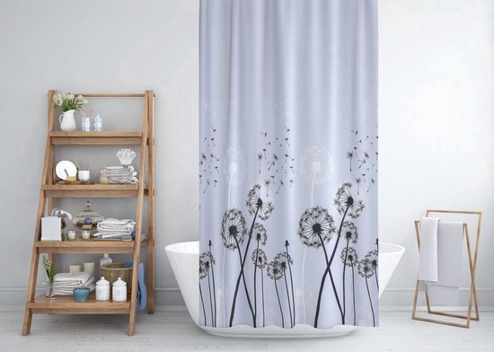 Ulticool Douchegordijn - Poes Kat Dieren - 180 x 200 cm - Wasbaar - Anti Schimmel - met 12 ringen - Blauw Beige