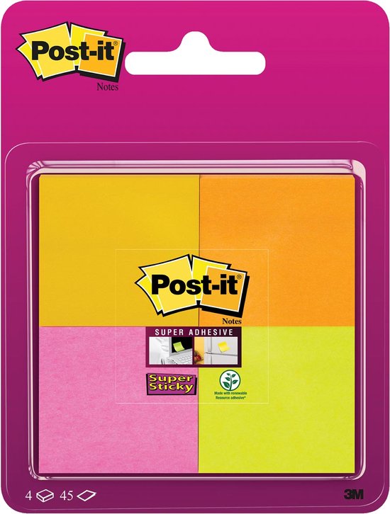 Post-it® Super Sticky Notes, couleurs scintillantes, 47,6 x 47,6 mm-jaune  néon, rose