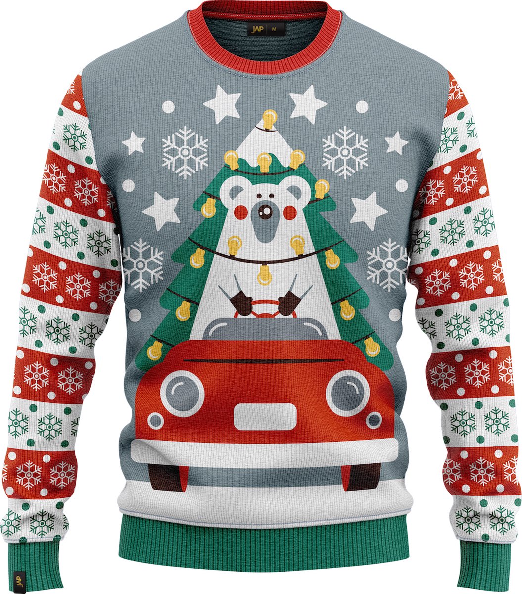JAP Christmas Kersttrui voor kinderen (maat 146/152/158) - 100% Gerecycled - Kriebelt niet - Kerstcadeau - Foute Kersttrui jongens en meisjes (11/13 jaar) - Driving home for Christmas - Blauw