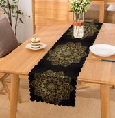 Bedrukt Velvet textiel Tafelloper - 45x260- Gold Mandala op Zwart - De Groen Home