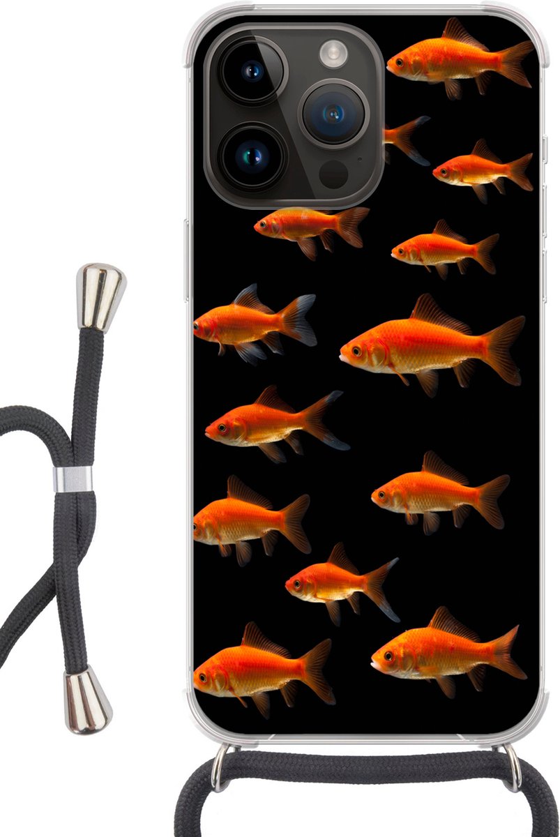 Telefoonhoesje Geschikt voor Apple Iphone 14 Pro - Goudvis - Dieren - Zwart - Siliconen - Crossbody - Backcover met Koord - Telefoonhoesje met koord - Hoesje met touw Telefoonhoesje