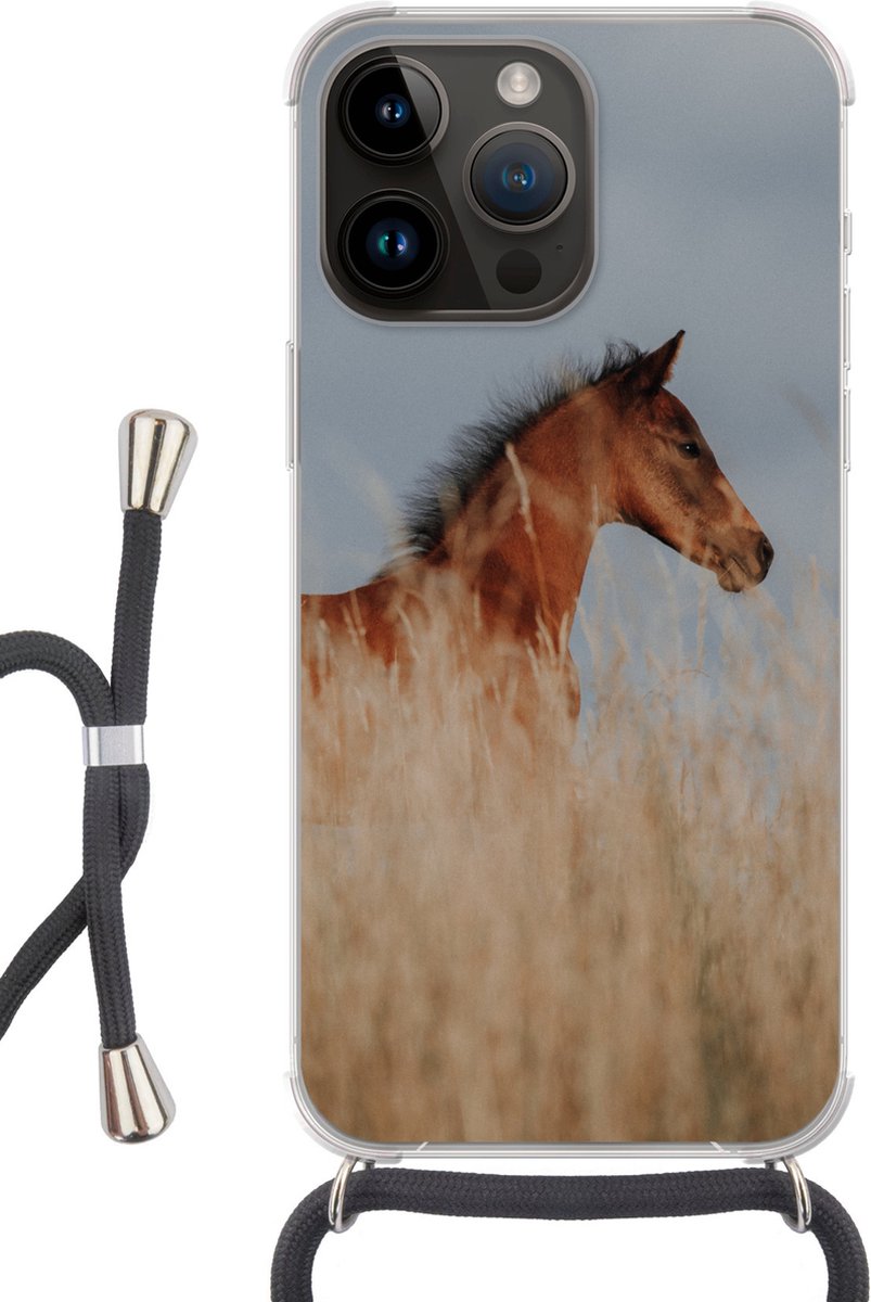 Telefoonhoesje Geschikt voor Apple Iphone 14 Pro - Paard - Lucht - Gras - Siliconen - Crossbody - Backcover met Koord - Telefoonhoesje met koord - Hoesje met touw Telefoonhoesje