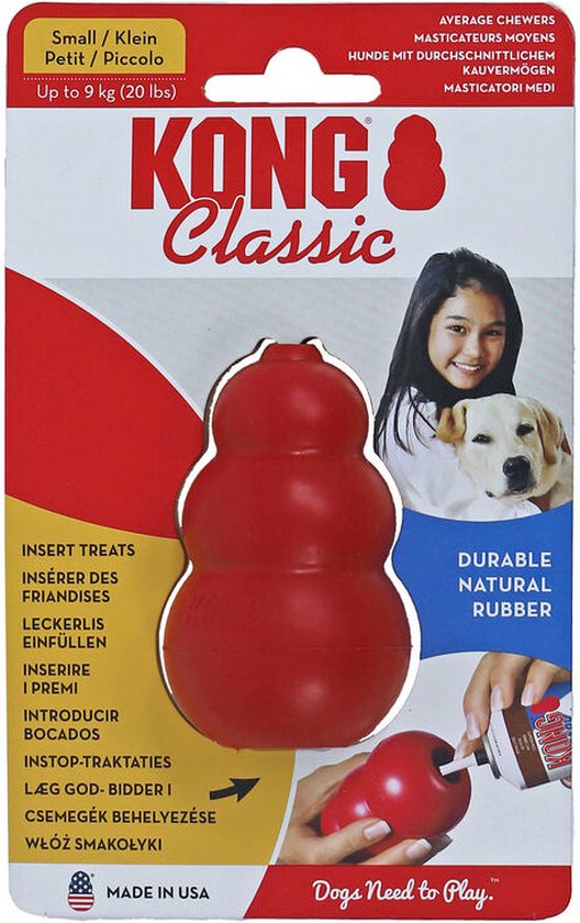 Verpakking van een rood KONG Classic hondenspeeltje, maat S, van duurzaam natuurlijk rubber.
