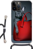Geschikt voorApple Iphone 14 Pro Max - Crossbody Case - Hond - Grappig - tas - Kinderen - Jongens - Meisjes - Kids - Siliconen - Crossbody - Backcover met Koord - Telefoonhoesje met koord - Hoesje met touw