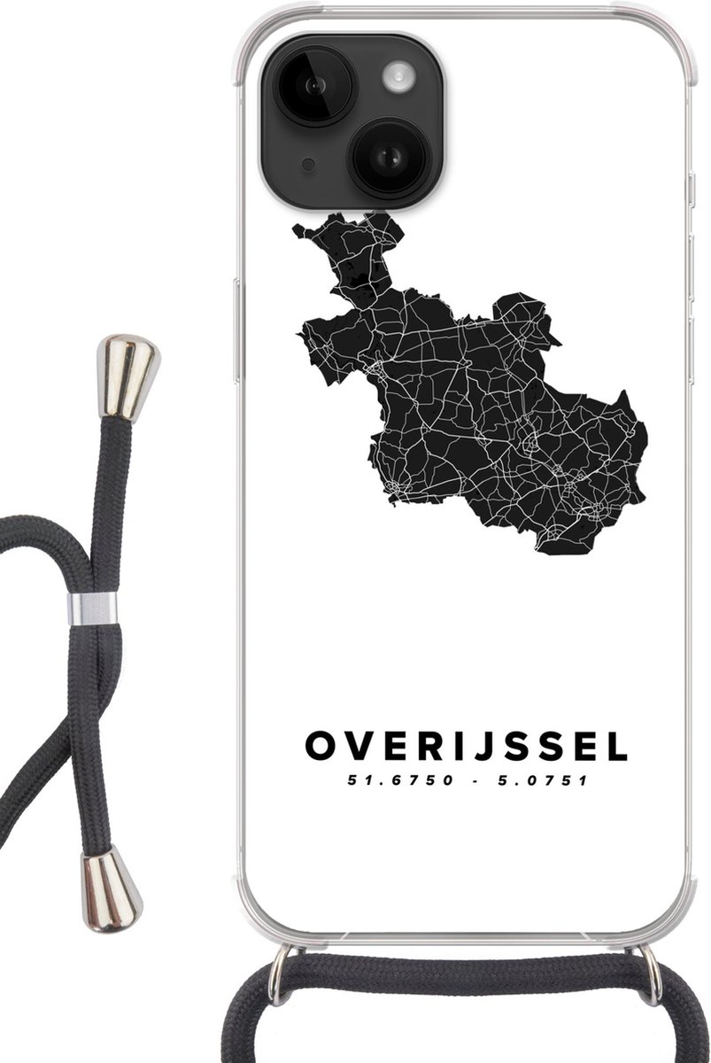 Telefoonhoesje Geschikt voor Apple Iphone 14 - Overijssel - Wegenkaart - Zwart - Wit - Siliconen - Crossbody - Backcover met Koord - Telefoonhoesje met koord - Hoesje met touw Telefoonhoesje