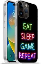 Geschikt voorApple Iphone 14 Pro Max hoesje - Gaming - Led - Quote - Eat sleep game repeat - Gamen - Siliconen Telefoonhoesje