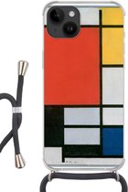 Geschikt voorApple Iphone 14 - Crossbody Case - Compositie 2 in Rood Blauw en Geel - Piet Mondriaan - Siliconen - Crossbody - Backcover met Koord - Telefoonhoesje met koord - Hoesje met touw