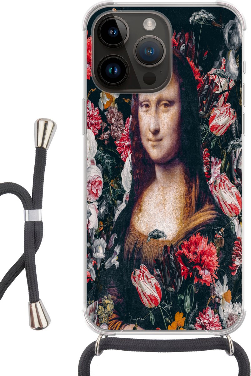 Telefoonhoesje Geschikt voor Apple Iphone 14 Pro - Mona Lisa - Bloemen - Da Vinci - Siliconen - Crossbody - Backcover met Koord - Telefoonhoesje met koord - Hoesje met touw Telefoonhoesje