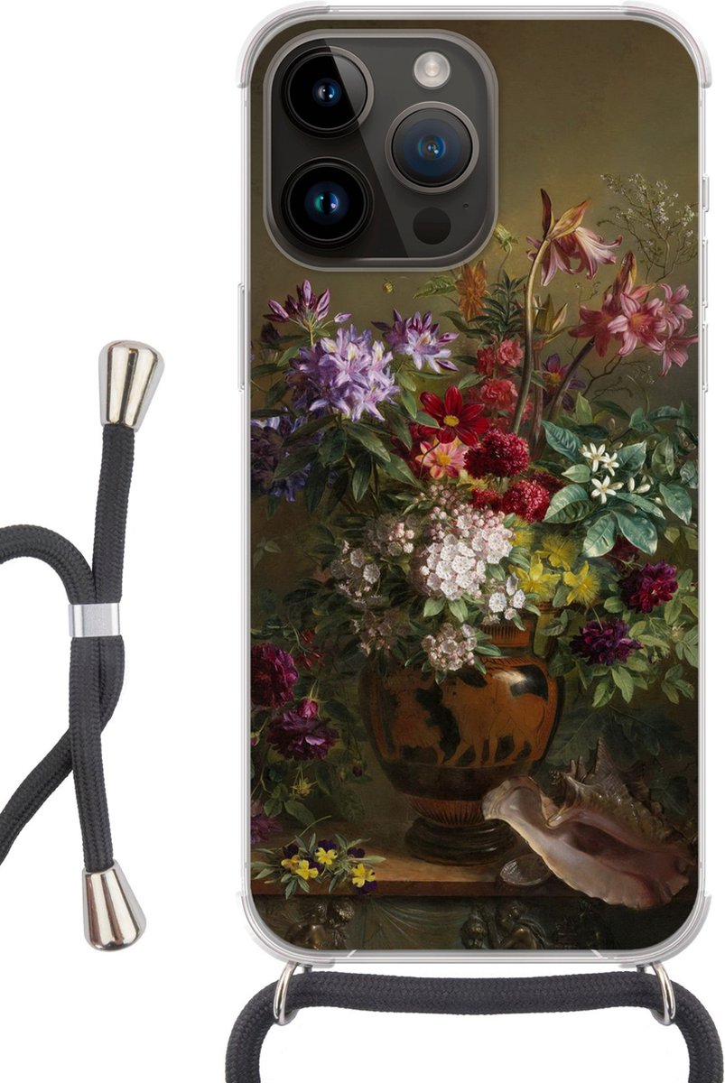 Telefoonkoord - Telefoonketting - Telefoonhoesje Geschikt voor Apple Iphone 14 Pro - Stilleven met bloemen in een Griekse vaas - Oude meesters - Kunst - Siliconen - Crossbody - Telefoonhoesje met koord Telefoonhoesje