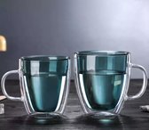 Luxe dubbelwandig theeglazen - Thermische glazen met oor - Dubbelwandige glazen -  Koffieglazen - Theeglas - Cappuccino glazen - Latte macchiato glazen - 300 ml - 2 stuks - Turquoise