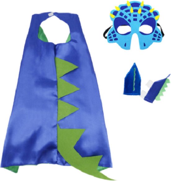 Jobber Toys - Cape Dino + masque + bracelets - Tenue déguisement Dino - Couleur bleu avec vert - Déguisement Enfants - Thème Dino - Garçons - Filles