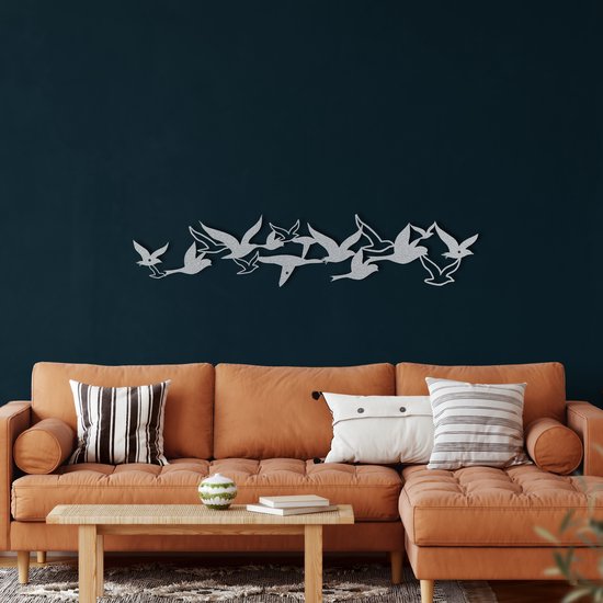 Wanddecoratie | Vliegende Vogels Zwerm/ Flying Birds Flock| Metal - Wall Art | Muurdecoratie | Woonkamer | Buiten Decor |Zilver| 75x16cm