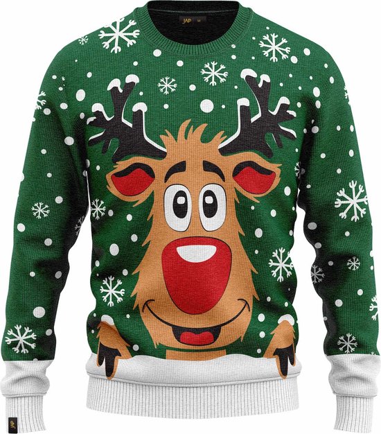 JAP Christmas Kersttrui (maat L) - 100% Gerecycled - Kriebelt niet - Kerstcadeau volwassenen - Foute Kersttrui dames en heren - Rudolf het Rendier - Groen