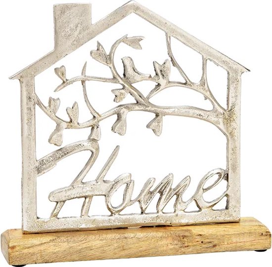 Huis - Home - Vogel - Zilvermetalen huis "HOME" op mangohouten sokkel
