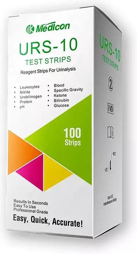 Medicon 10 Urine Test - 100 Urinetest Strips - Urine - 10 parameters - Leukocyten - Nitriet - Urobilinogeen - Ketonen - Eiwitten - pH - Bloed - Soortelijk gewicht - Bilirubine - Glucose - Ketonentest - Blaasonsteking - Medicon