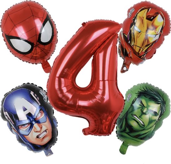 Marvel Superheld Ballonnen Set 4 jaar - 5 Stuks - Verjaardag Versiering Jongen - Marvel Hulk Spiderman Avengers Captain America Themafeest - Verjaardagsfeest Jongen - Feestpakket Marvel Avengers - Superheld Versiering