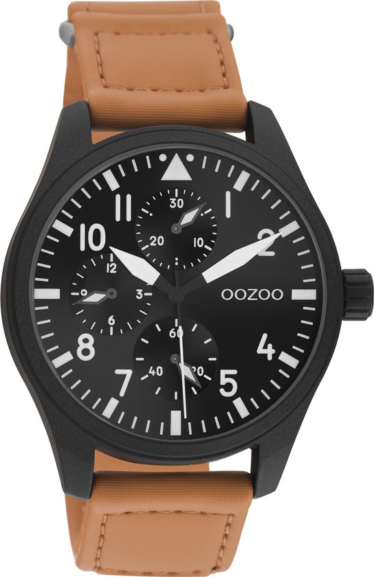 OOZOO Timpieces - Zwarte horloge met oranje klittenband polsband - C11007