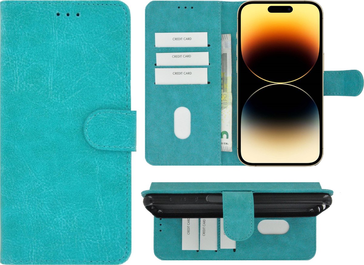 Geschikt voor iPhone 14 Pro Hoesje - Bookcase - Pu Leder Wallet Book Case Turquoise Cover