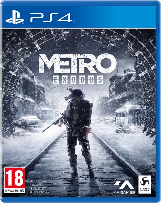De hoes van Metro Exodus voor PS4, met een figuur met gasmasker in een besneeuwde stad.