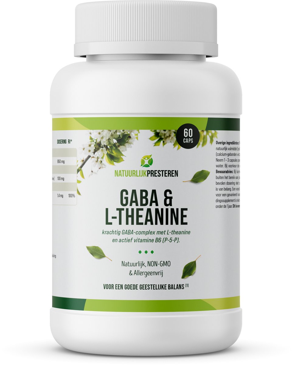 GABA met L-theanine - Natuurlijk supplement - 475 mg GABA - natuurlijke rustgever - actief vitamine B6 (P-5-P) - vegan - 60 caps - Natuurlijk Presteren