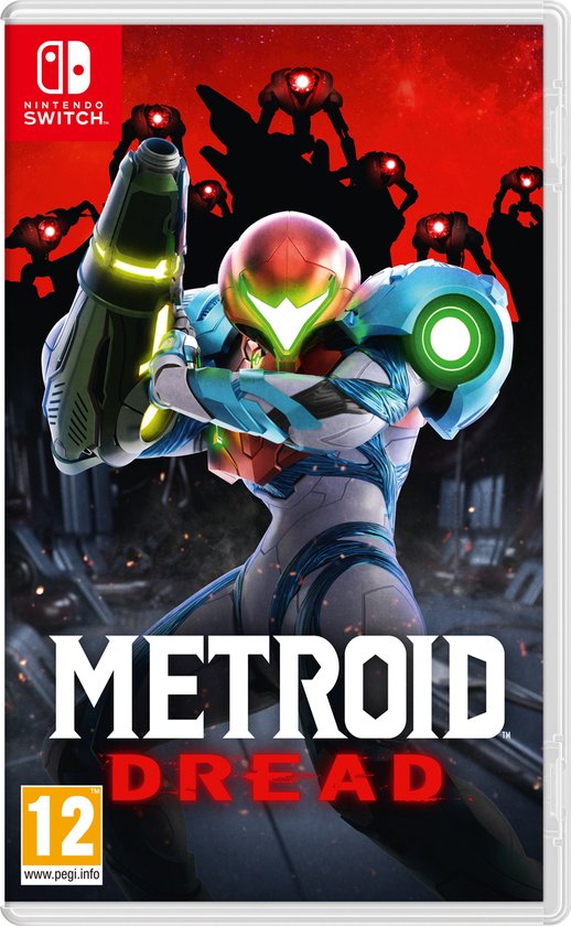 Hoes van Metroid: Dread voor Nintendo Switch, met Samus in haar iconische pak en rode EMMI op de achtergrond.