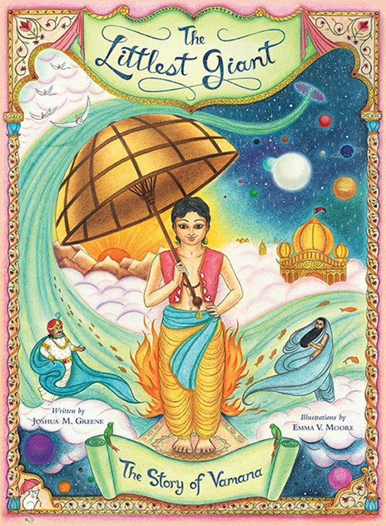 Boekillustratie van 'The Littlest Giant, The Story of Vamana'. Een jonge persoon met een paraplu staat voor een vuur, met figuren en fantasiewezens om hen heen.